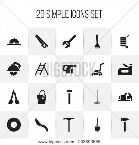 Set Of 20 Editable Equipment Icons. Includes Symbols Such As Screwdriver, Jackknife, Grass Cutting Machine And More