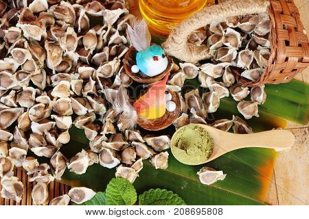 Moringa oleifera oil and seeds on wood background