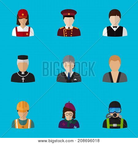 Set Of 9 Editable Profession Flat Icons. Includes Symbols Such As Doorman, Padre, Servant And More