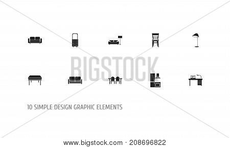 Set Of 10 Editable Furniture Icons. Includes Symbols Such As Davenport, Cuisine, Trestle And More