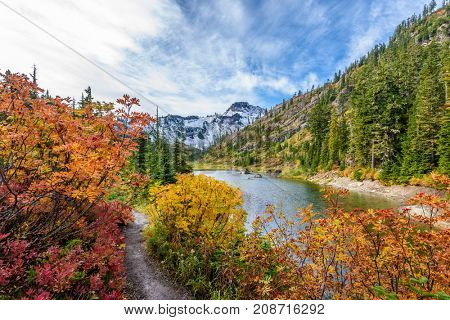 Beautiful Mountain River at the Bagley Lake Trail Park. Mount Baker, Washington, USA.