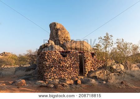 HOADA NAMIBIA - JUNE 28 2017: The toilets and showers at the Hoada Camp in the Kunene Region of Namibia blends in with the natural surroundings