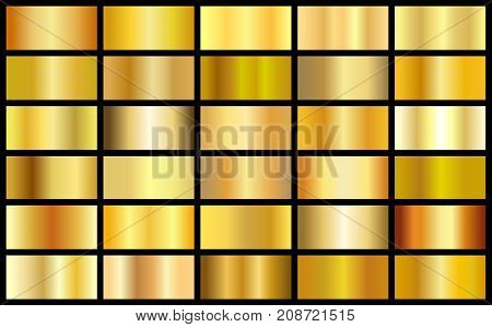 Set of gold realistic metal texture seamless gradient square vector backgrounds. Yellow bright light frame ribbon label patterns. Shiny sunny bright templates.