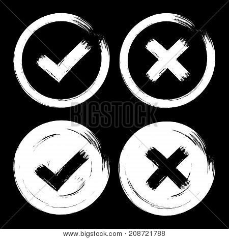 Set of white check mark icons on dark black background. Grunge paint brush hand drawn style. Isolated cut out ok yes no vintage signs.
