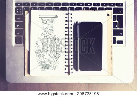 Top view of creative office desk top with empty smartphone laptop keyboard spiral notepad with creative sketch and other items. Mock up 3D Rendering