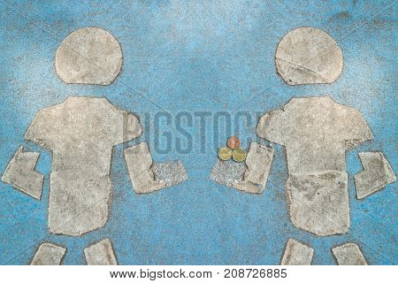 Foot walk sign on concrete man symbol giving or taking money coins