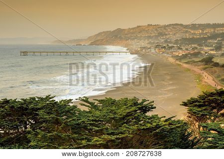 Pacifica Coastline with Smoky Skies after Napa fire. Mori Point, Pacifica, San Mateo Coast, California, USA.