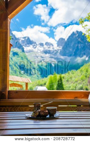 The Restaurant In The Mountains For Tourists Serves Turkish Coffee.