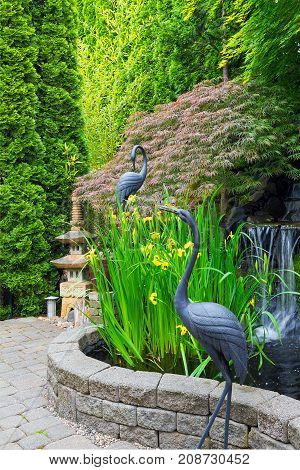 Japanese inspired backyard home garden with bronze cranes stone pagoda water fountain pond bamboo and maple trees