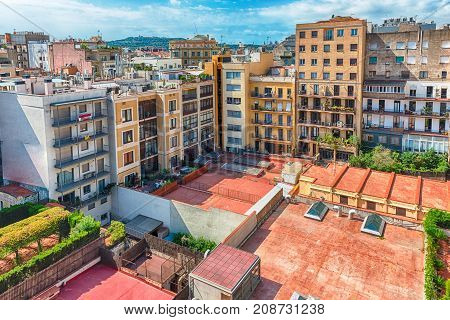 Aerial View Over An Inner Courtyard In Barcelona, Catalonia, Spain