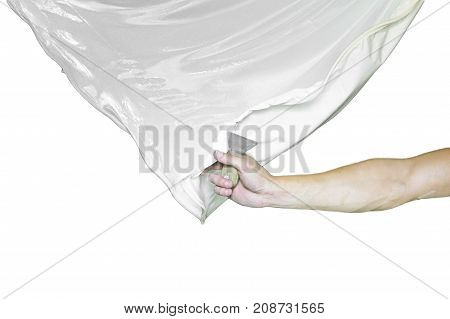 Workers stretch the stretch ceiling in the room white background