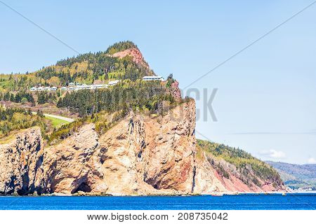 Hotel House On Cliff In Perce In Gaspe Peninsula, Quebec, Gaspesie Region In Morning