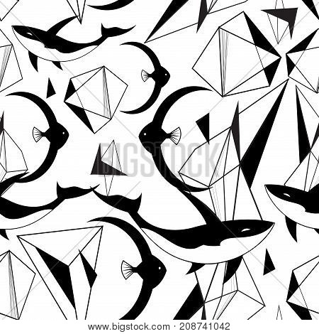 Abstract graphic pattern from geometric shapes and fish on a light background