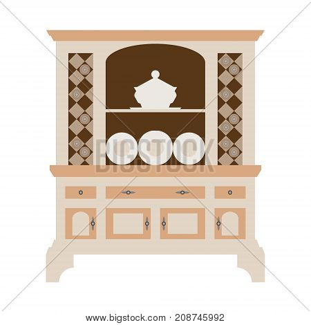 Hutch Kitchen Buffet With Dishes Of Different Bottles And Glasses, Cans And Plates. Flat Vector.