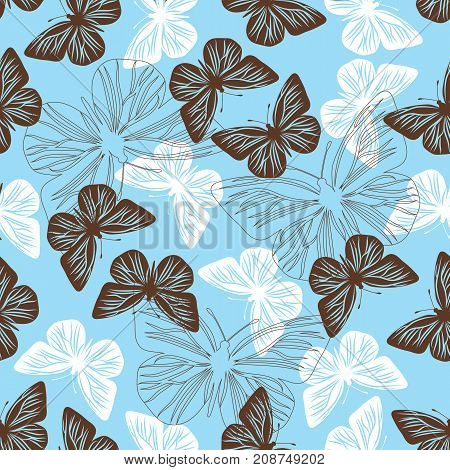 Seamless pattern with butterflies. Vector illustration on blue background.