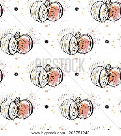 Hand drawn vector graphic ink autumn harvest seamless pattern with abstract pumpkin isolalated on white background.Design element for save the date card, print, poster, invitation, greeting.