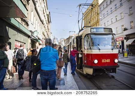 Czechia People And Foreigner Travelers Use Retro Tramway Got To Travel And Working At I.p. Pavlova S