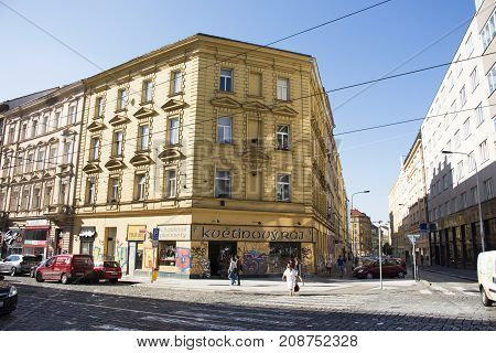 Czechia People Walking  On Jugoslavska Road And Tramcar With Classic Building At Praha 2 Or Prague 2