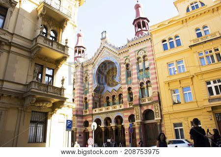 Czechia People And Foreigner Travelers Visit Jubilee Synagogue Or Jerusalem Synagoga Colorful Buildi
