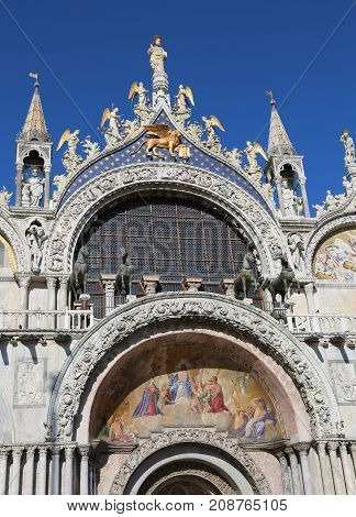 Facade Of St. Mark's Basilica In Venice With The Splendid Golden