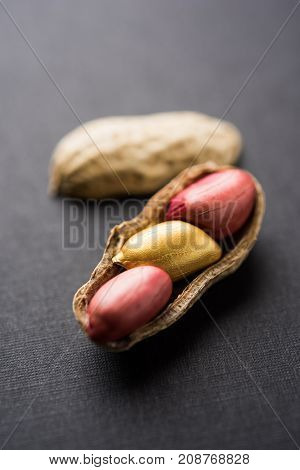 Concept of individuality, luck,value,exclusivity and better choice. Golden peanut or ground nut, standing out amongst normal peanuts, over black or white background
Concept of individuality, luck,value,exclusivity and better choice. Golden peanut or groun