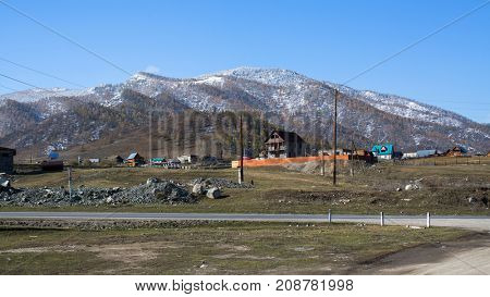 View of the snowy landscape of the Altay Mountains near the village of Onguday, Altai Republic, Russia.