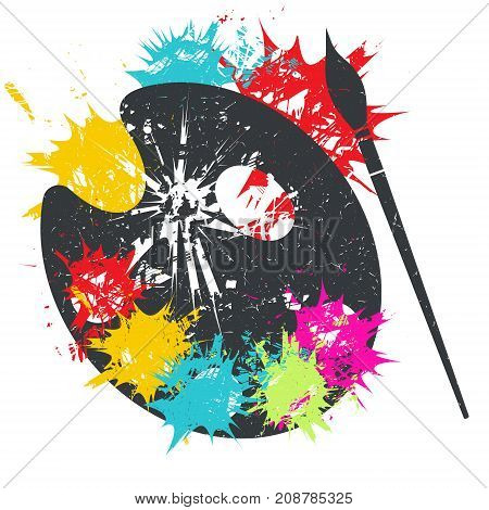 Paint brush and pelette on background with color spots. Grunge vector illustration