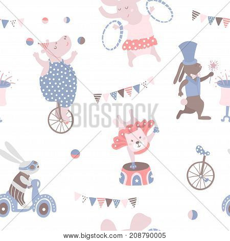 Seamless pattern with animal artists. Circus vector childish background.