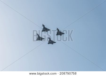 Madrid Spain - October 12 2017: Four Eurofighter jet flying in Spanish National Day Parade. Short after the parade one of them crashed while landing on Albacete air base.
