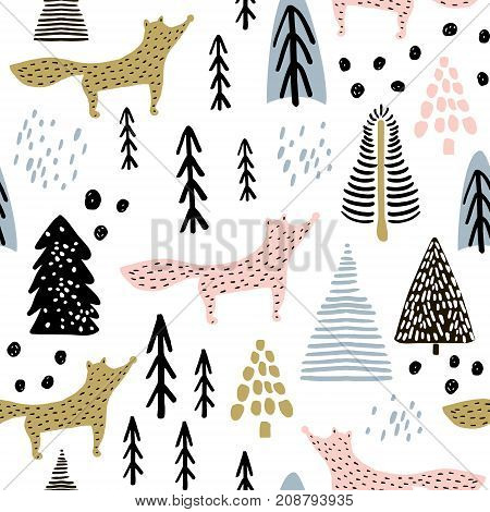 Seamless winter pattern with fox tree and ink drawn elements. Creative christmas background. Vector Illustration