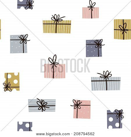 Holiday seamless pattern with gift boxes. Trendy winter vector background. Perfect for wrapping paper fabric textile