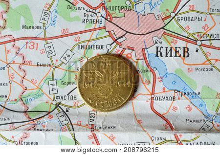 Illustrative Editorial.Ukrainian modern commemorative coin.Special edition.Background - map of Ukraine,Kiev.Kiev,Ukraine July 9, 2017
