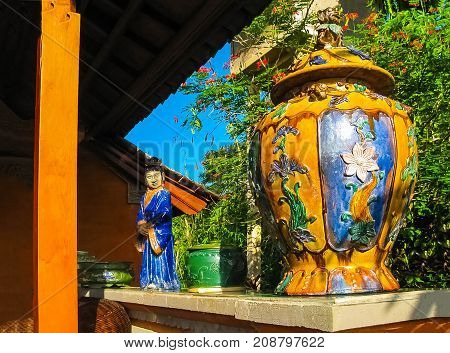 Bali, Indonesia - April 11, 2012: View Of Wooden Furniture, Painting, A Work Art At Tanah Merah Reso