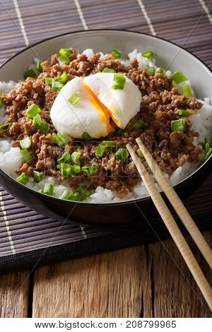 Japanese Spicy Minced Meat Soboro With Egg, Rice And Green Onion Close-up In A Bowl On The Table. Ve
