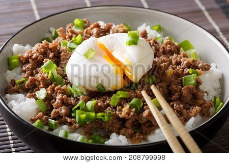 Japanese Food: Beef Soboro With Egg Poached, Rice And Green Onion Close-up In A Bowl. Horizontal