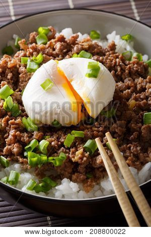 Beef Soboro With Egg Poached, Rice And Green Onion Close-up. Vertical