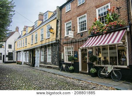 NORWICH, NORFOLK, 4TH OCTOBER 2017 - Ancient English cobbled street of Elm Hill Norwich Norfolk UK