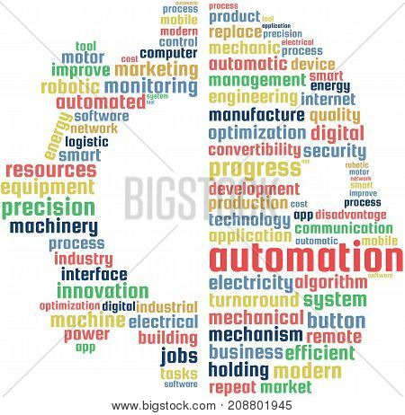 Automation Word Cloud Text Illustration in shape of a gear and human. Industry automation keyword tags isolated vector. Transparent.
