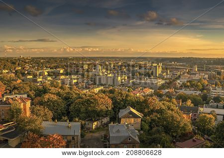 Kaunas aerial view from our Lord Jesus Christ's Resurrection Basilica on sunset, Lithuania.