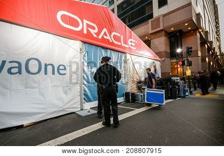 SAN FRANCISCO CA USA - SEPT 22 2010: The JavaOne conference zone at Taylor Street. The road was occupied by large pavilion of Oracle OpenWorld on Sept 22 2010 in San Francisco CA.