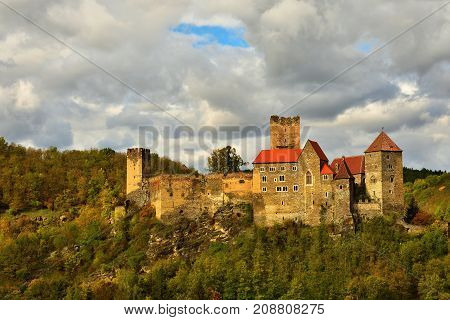 Beautiful Autumn Landscape In Austria With A Nice Old Hardegg Castle.