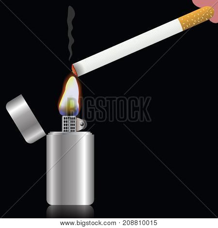Burning Cigarette and Fire Lighter on Black Background