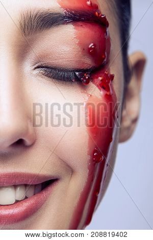 Beautiful Girl In A Raspberry Or Strawberry Jam. Vogue And Fashion Concept. Jam Is Flowing In The Fa