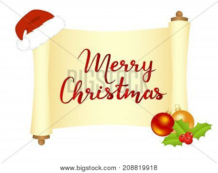Merry Christmas card with manuscript and christmas decorations. Vector illustration