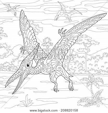 Coloring page of pterodactyl dinosaur - pterosaur of the late Jurassic period. Freehand sketch drawing for adult antistress coloring book in zentangle style.