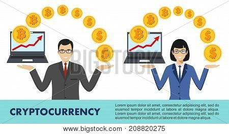 Bitcoin sign digital currency cryptocurrency electronic money. Bitcoin mining exchange mobile banking. Business people with laptop. Relocating bitcoins into dollars. Up graph with bitcoin sign cryptocurrency in flat icon design in laptop.