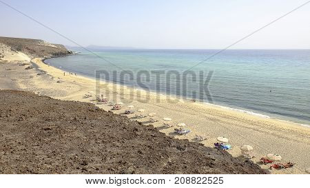 Aerial view on the beach Spiaggia Esquinzo Butihondo on the Canary Island Fuerteventura Spain.