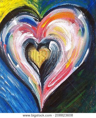 Acrylic painting of yellow white blue black and red  abstract heart