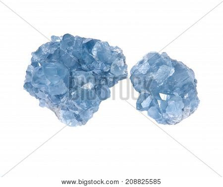 Blue celestite cluster isolated on white background