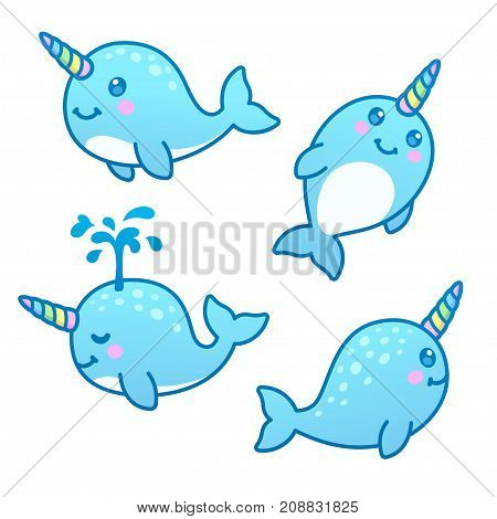 Cute cartoon narwhal drawing set. Funny kawaii characters vector illustration.